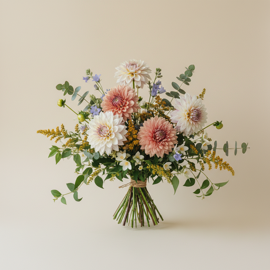 Bukett med dahlia – handbunden svensk sommarbukett