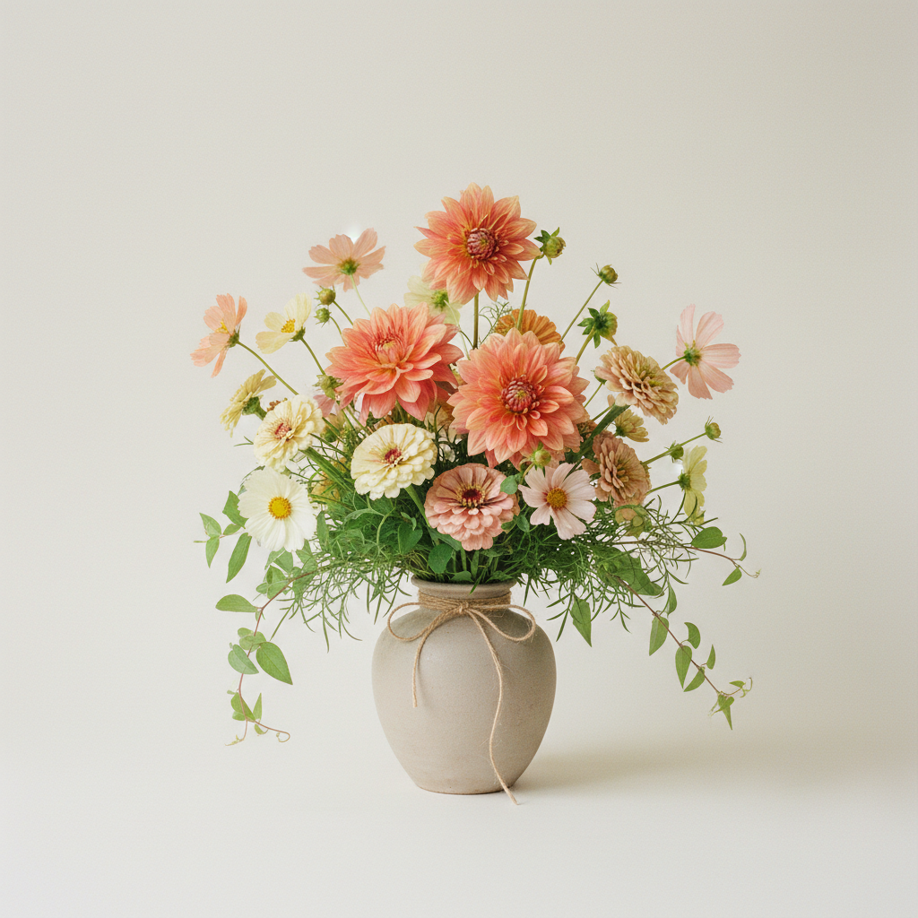 Bukett med dahlia, cosmos, zinnia – handbunden svensk sommarbukett