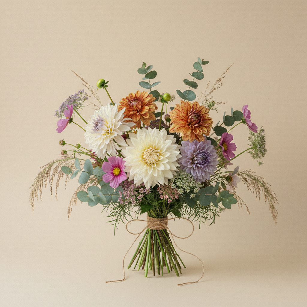 En bukett på 7 blommor med Dahlia 'Cafe au Lait', Dahlia 'Blue Bell', Dahlia 'Mango Madness'.