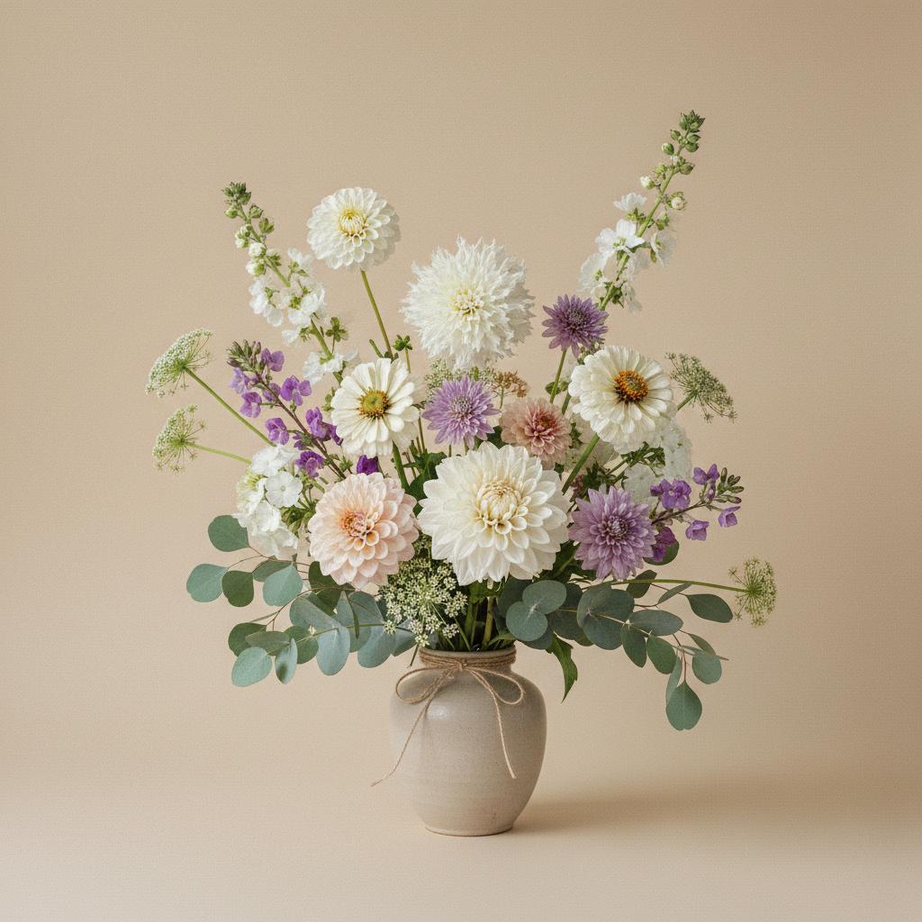 En bukett på 13 blommor för Bröllop & fest med Dahlia 'Boom Boom White', Dahlia 'Petra's Wedding', Dahlia 'Lavender Perfection'.