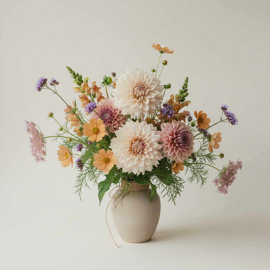 Bukett med dahlia, cosmos, lejongap – handbunden svensk sommarbukett