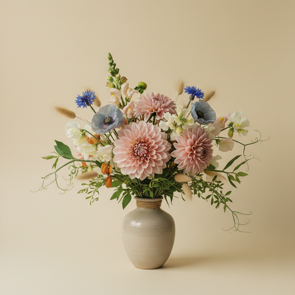 Bukett med dahlia, vallmo, kornblomma – handbunden svensk sommarbukett