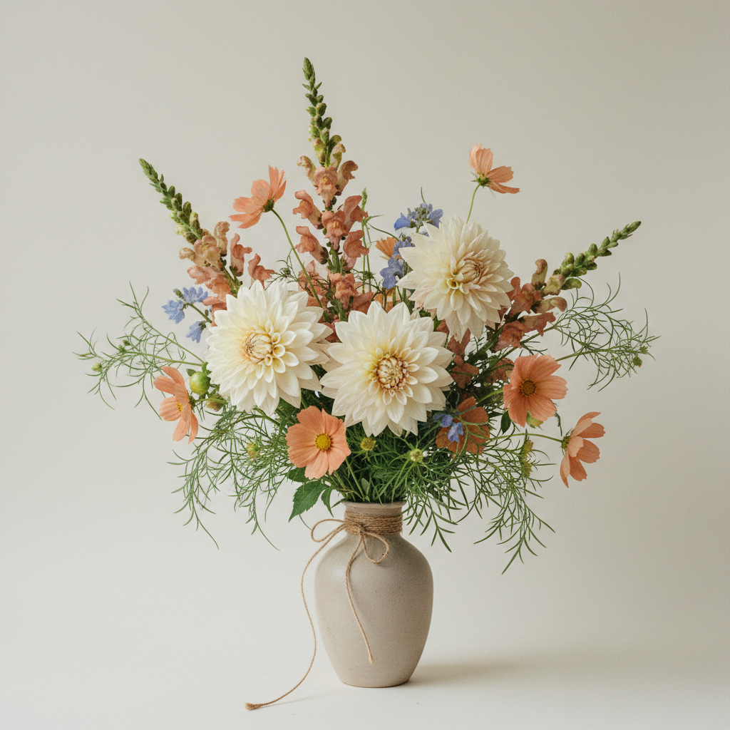 Bukett med dahlia, lejongap, cosmos – handbunden svensk sommarbukett