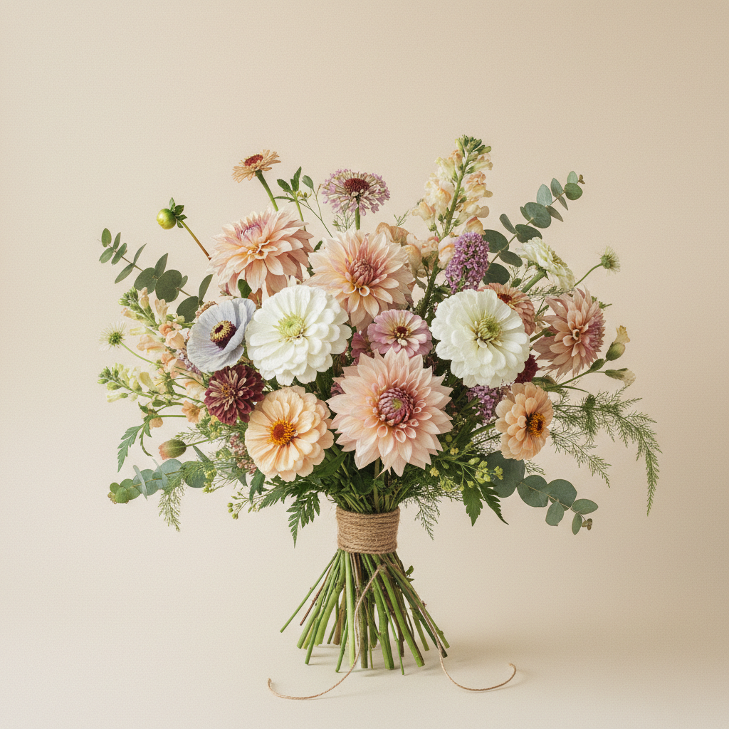 En bukett på 7 blommor med Dahlia 'Strawberry Cream', Zinnia 'Benary's Giant White' (frö), Höstflox 'Rembrandt'.