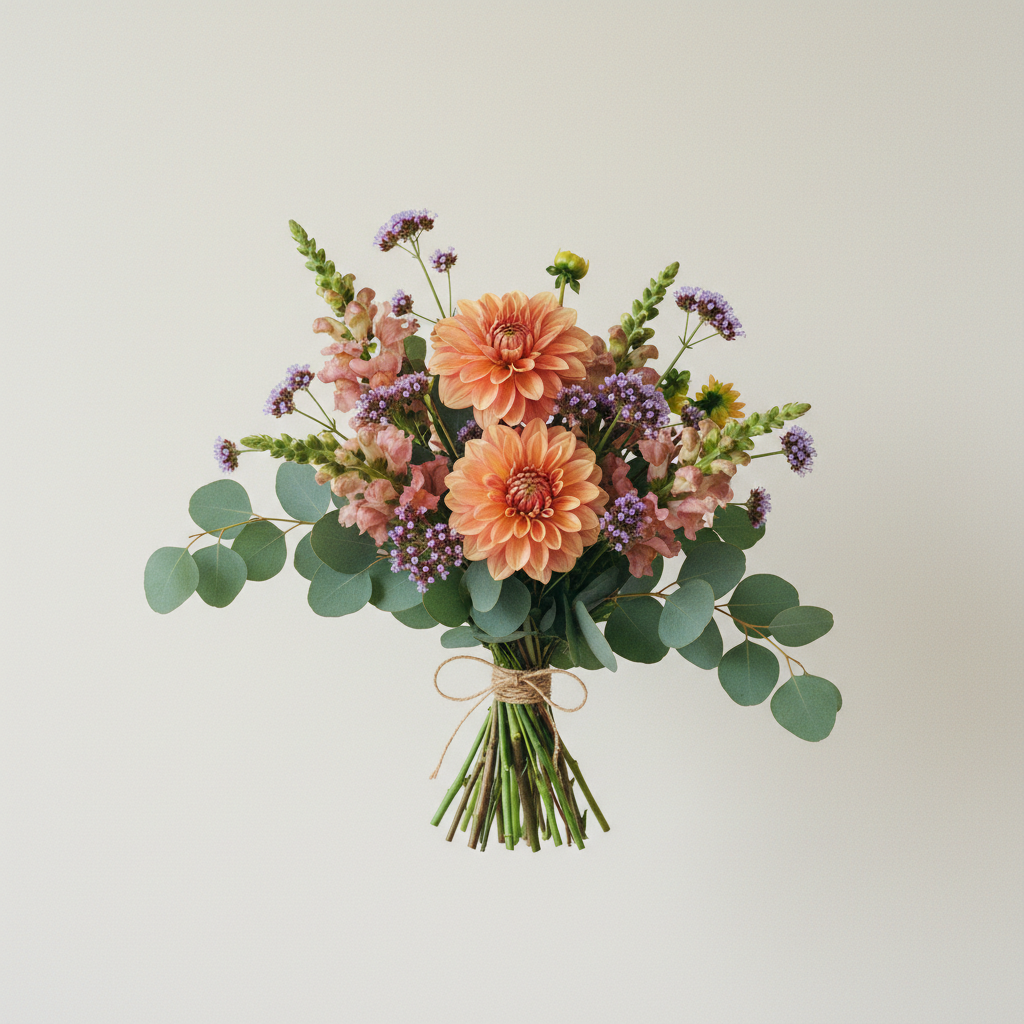 Bukett med dahlia, lejongap, eucalyptus – handbunden svensk sommarbukett
