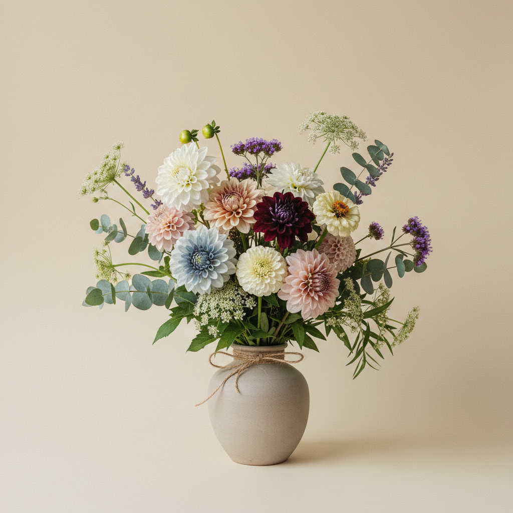 En bukett på 11 blommor i Pastell — dammig rosa, persika, lavendel med Dahlia 'Eveline', Dahlia 'Blue Bell', Dahlia 'Boom Boom White'.