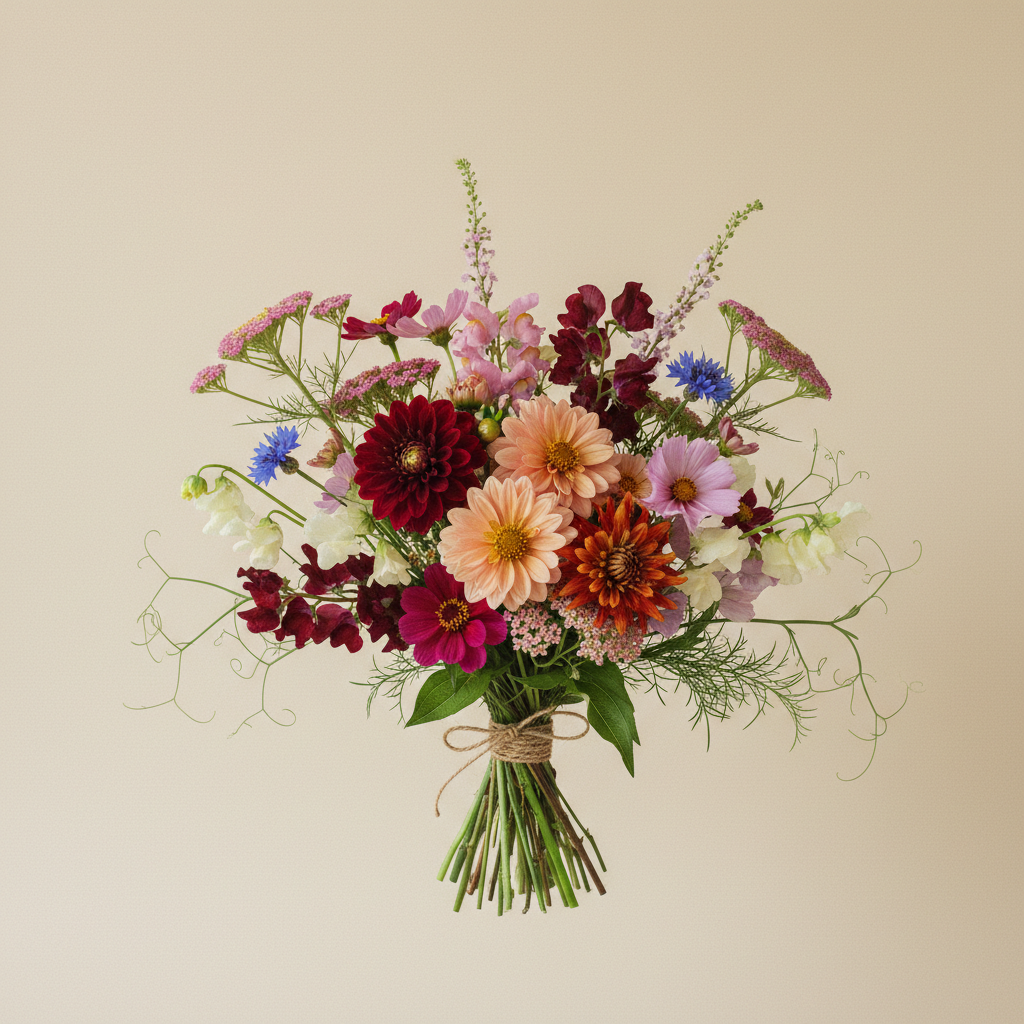 Bukett med zinnia, dahlia, rölleka – handbunden svensk sommarbukett