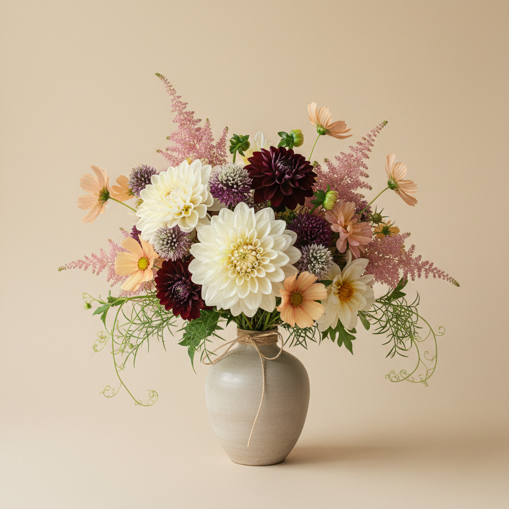 Bukett med dahlia, day, cosmos – handbunden svensk sommarbukett
