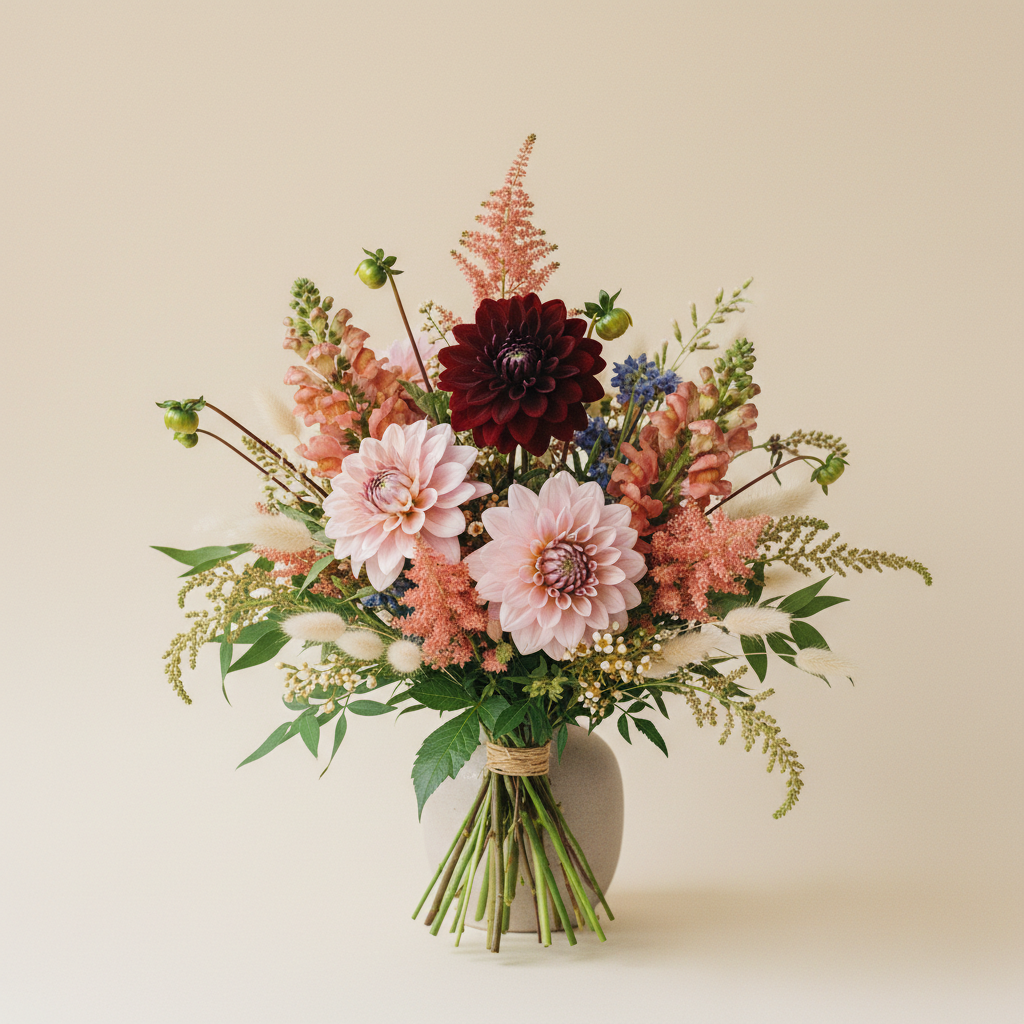 Bukett med dahlia, lejongap, astilbe – handbunden svensk sommarbukett