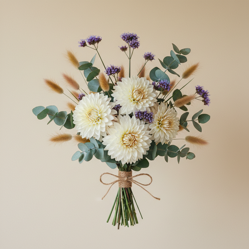 Bukett med dahlia, eucalyptus, verbena – handbunden svensk sommarbukett