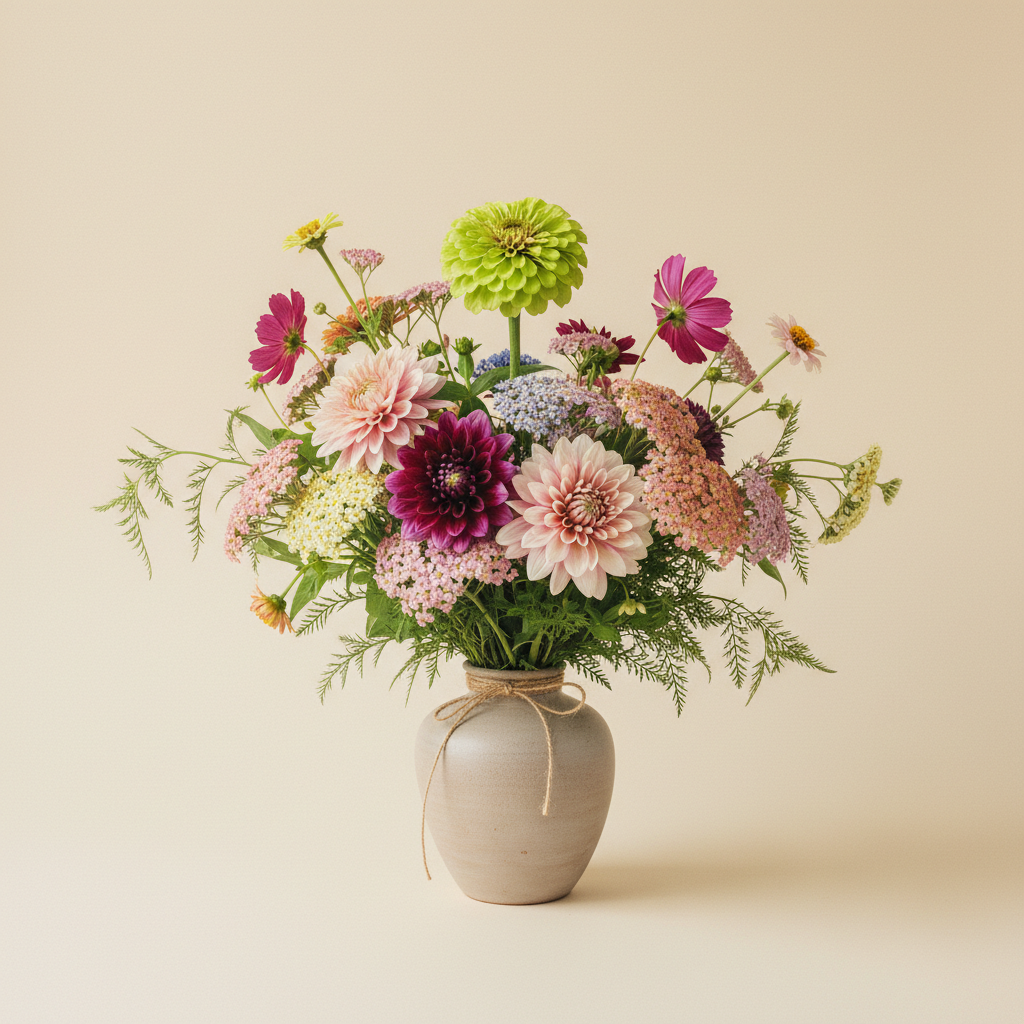 Bukett med zinnia, dahlia, rölleka – handbunden svensk sommarbukett