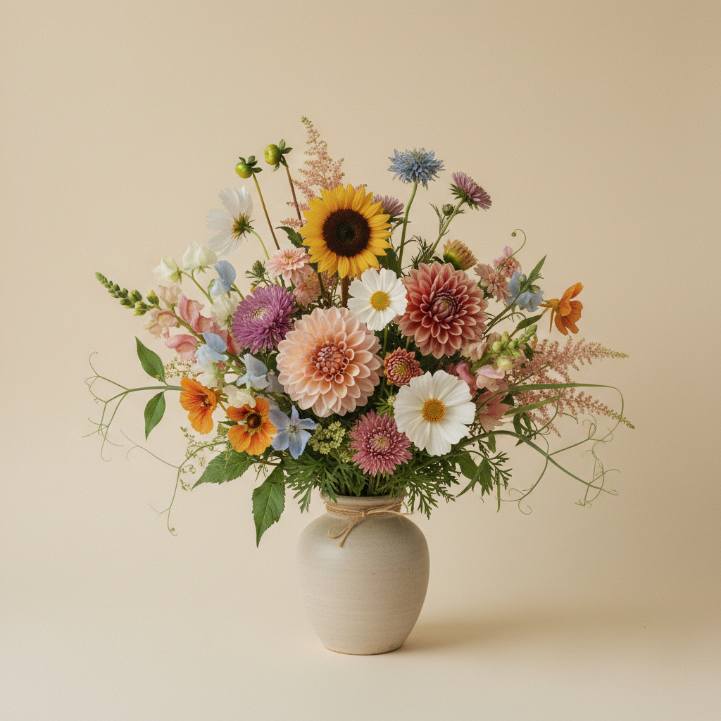 Bukett med dahlia, solros, aster – handbunden svensk sommarbukett