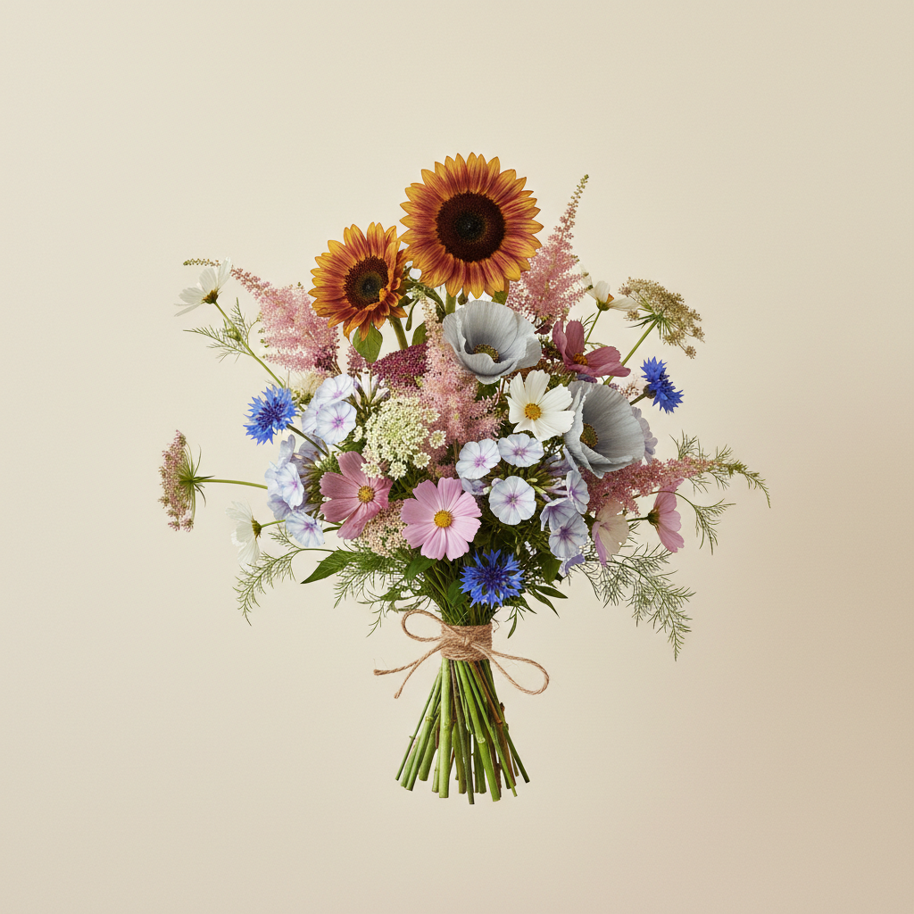 Bukett med solros, höstflox, astilbe – handbunden svensk sommarbukett