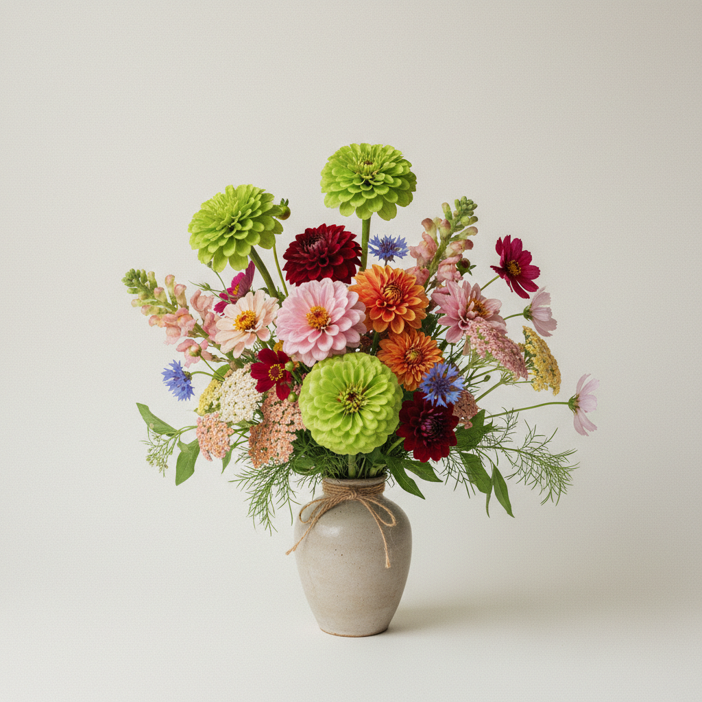 Bukett med zinnia, dahlia, rölleka – handbunden svensk sommarbukett