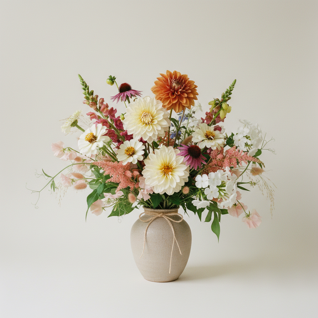 Bukett med dahlia, zinnia, höstflox – handbunden svensk sommarbukett