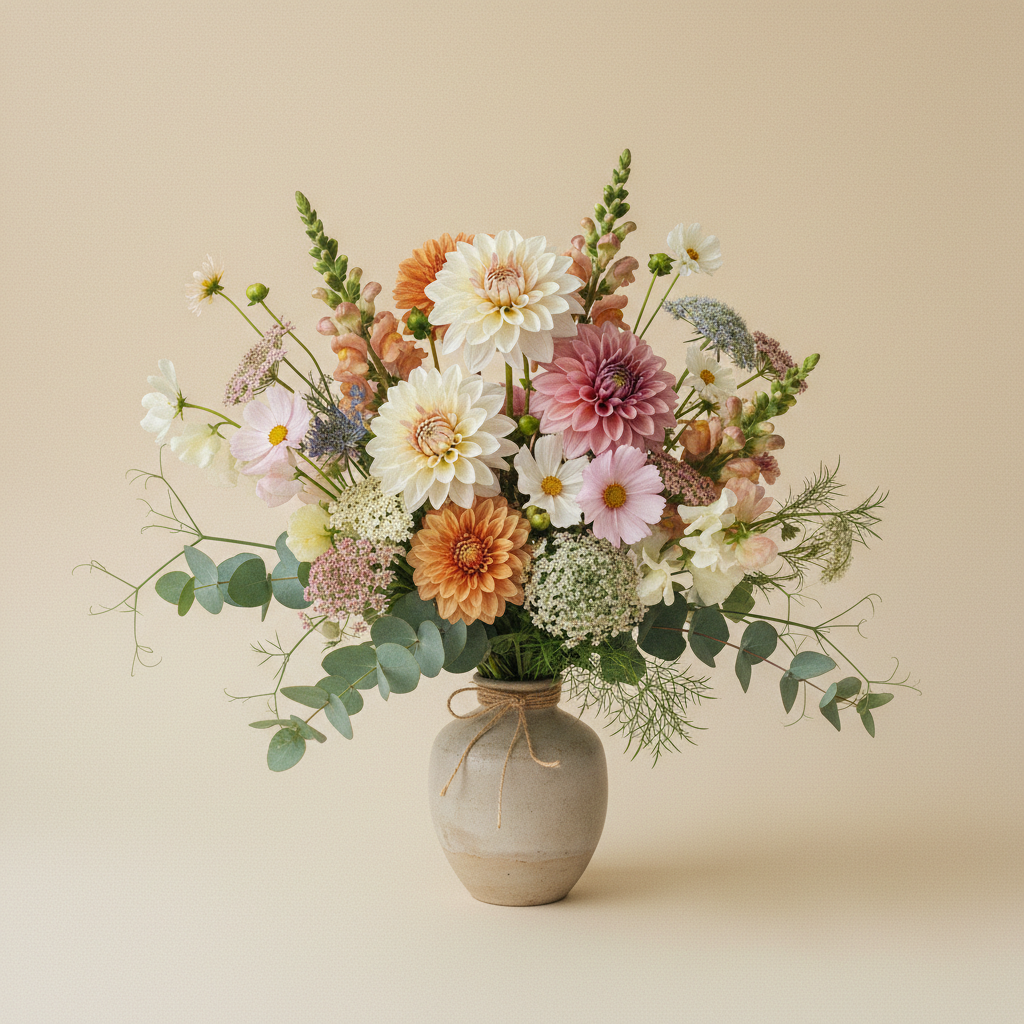 En bukett på 11 blommor med Dahlia 'Eveline', Dahlia 'Creme de Cognac', Dahlia 'Petra's Wedding'.