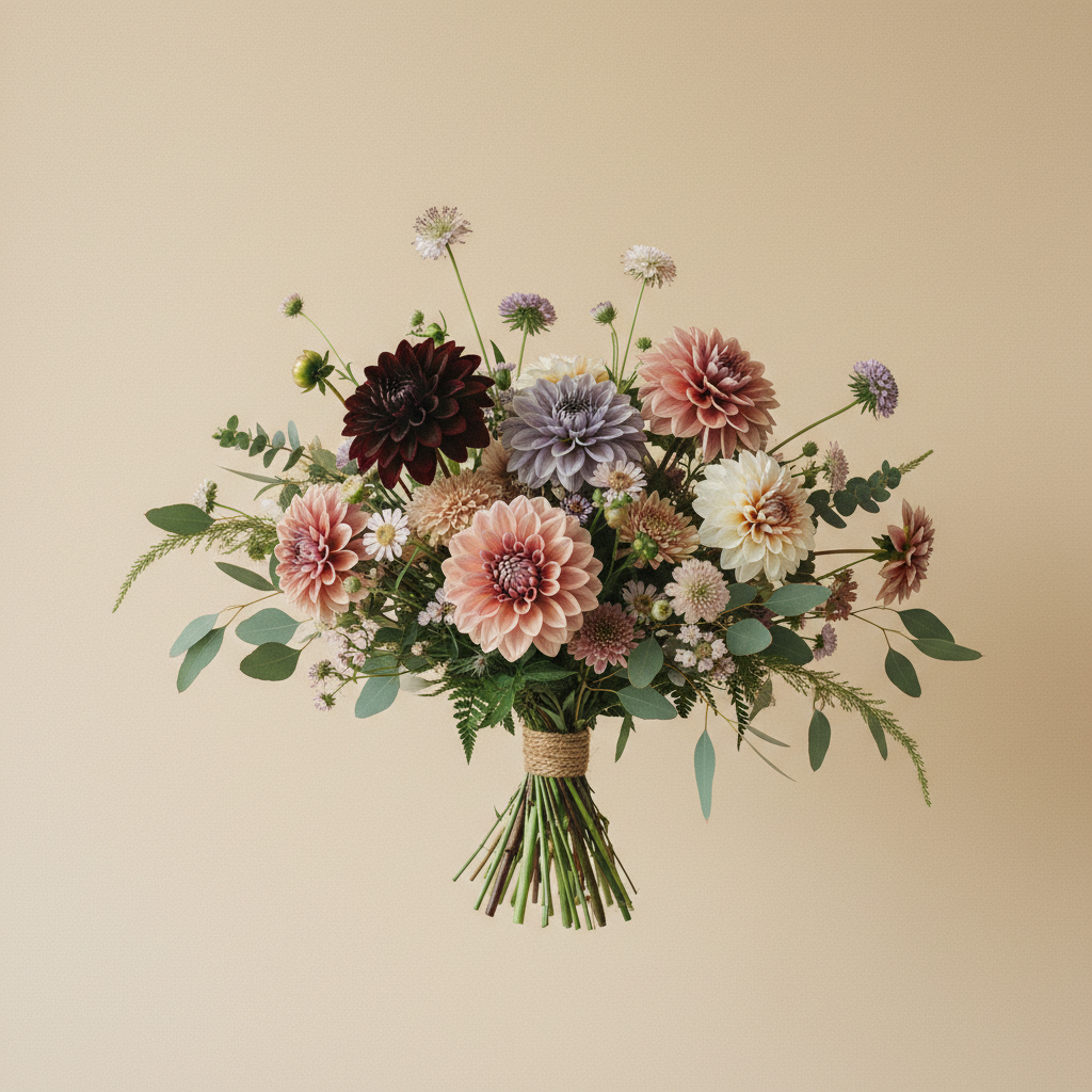 Bukett med dahlia – handbunden svensk sommarbukett