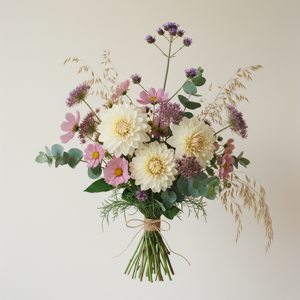 Bukett med dahlia, cosmos, eucalyptus – handbunden svensk sommarbukett