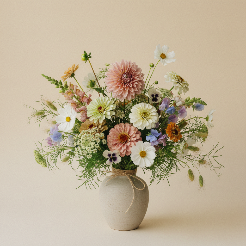 Bukett med dahlia, zinnia, cosmos – handbunden svensk sommarbukett
