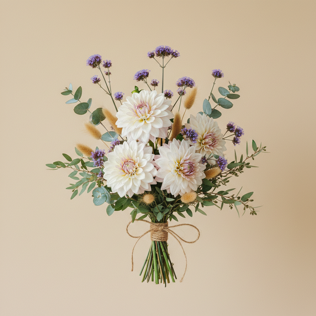 Bukett med dahlia, eucalyptus, verbena – handbunden svensk sommarbukett