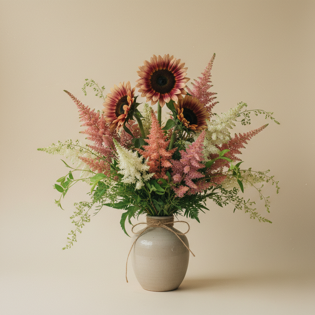 Bukett med solros, astilbe – handbunden svensk sommarbukett