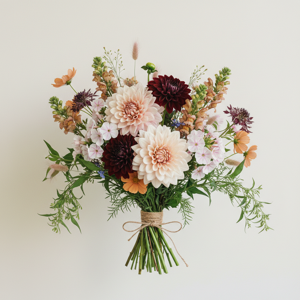Bukett med dahlia, höstflox, lejongap – handbunden svensk sommarbukett