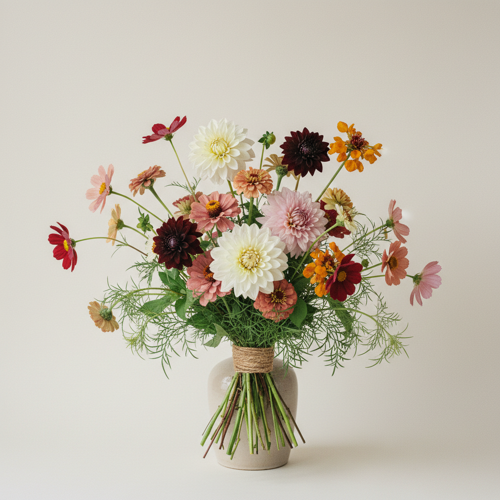 Bukett med dahlia, zinnia, cosmos – handbunden svensk sommarbukett