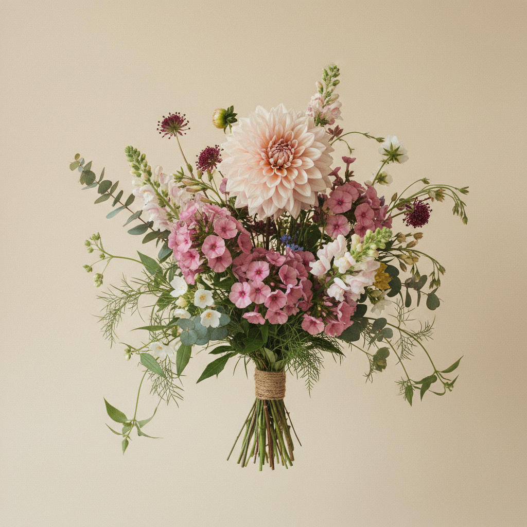 Bukett med dahlia, höstflox, cosmos – handbunden svensk sommarbukett