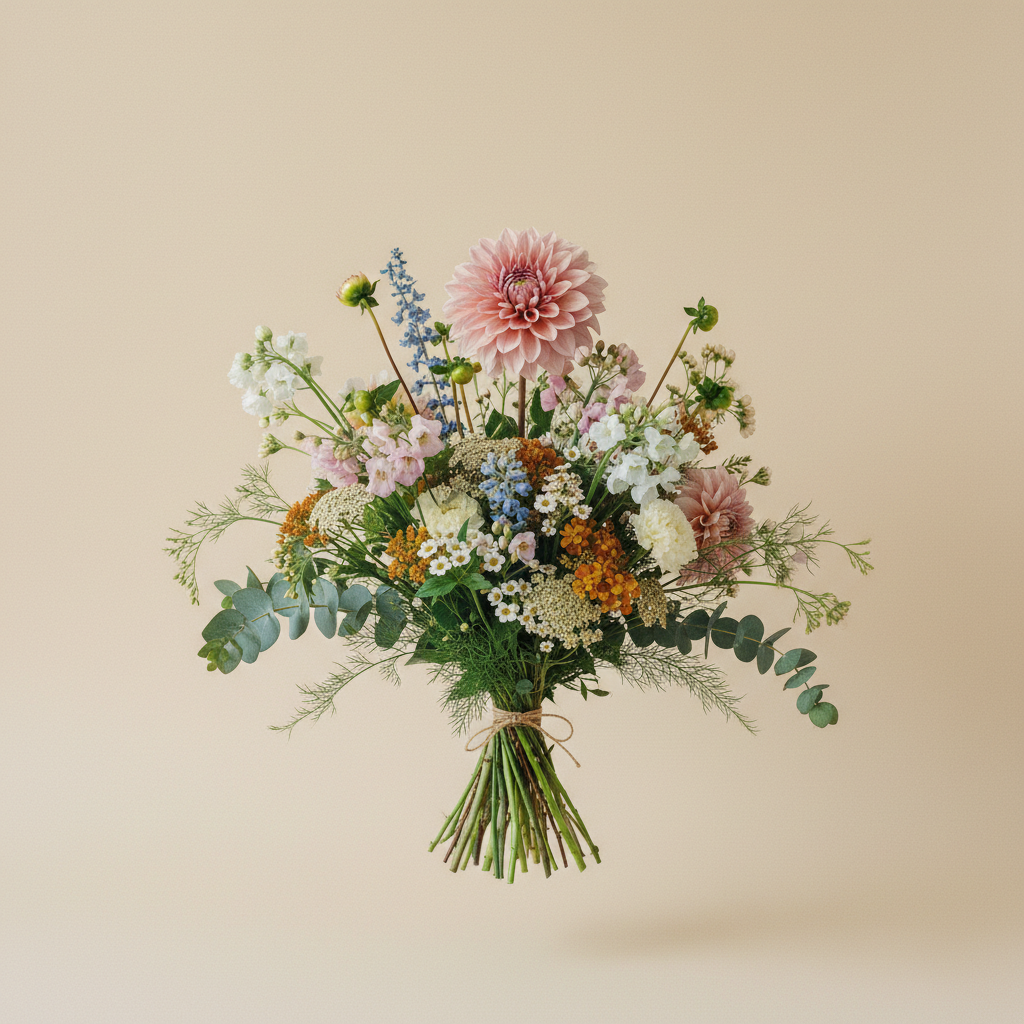 Bukett med dahlia, luktärt, rölleka – handbunden svensk sommarbukett