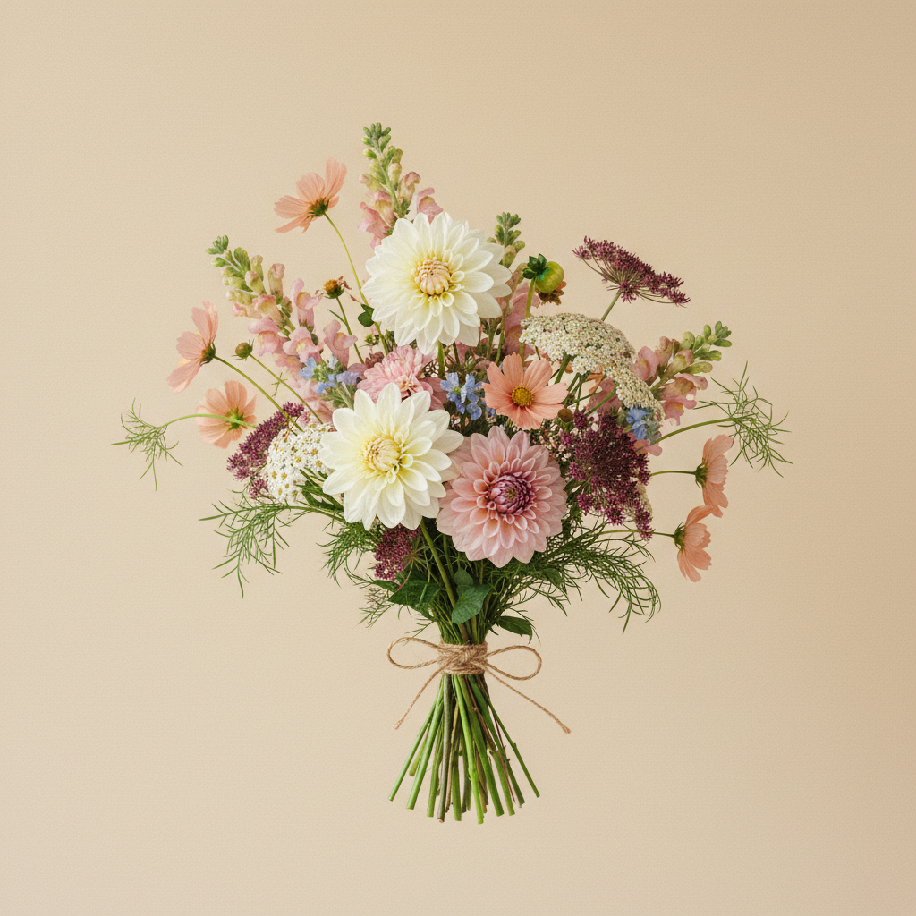 Bukett med dahlia, cosmos, lejongap – handbunden svensk sommarbukett
