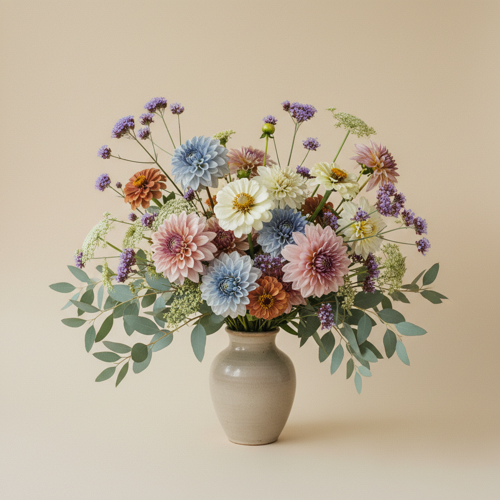 En bukett på 11 blommor i Pastell — dammig rosa, persika, lavendel för Bröllop & fest med Dahlia 'Blue Bell', Dahlia 'Boom Boom White', Dahlia 'Petra's Wedding'.