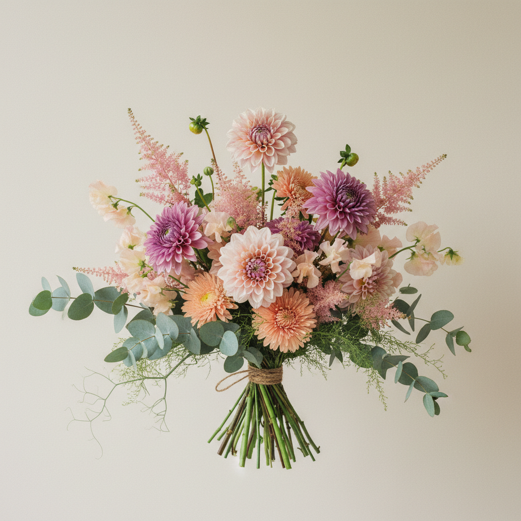 Bukett med dahlia, aster, luktärt – handbunden svensk sommarbukett