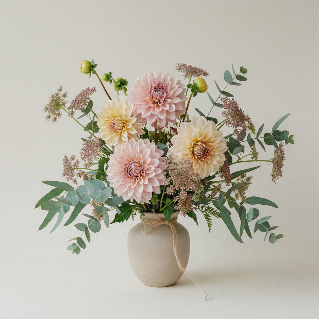 Bukett med dahlia, eucalyptus, vildmorot – handbunden svensk sommarbukett