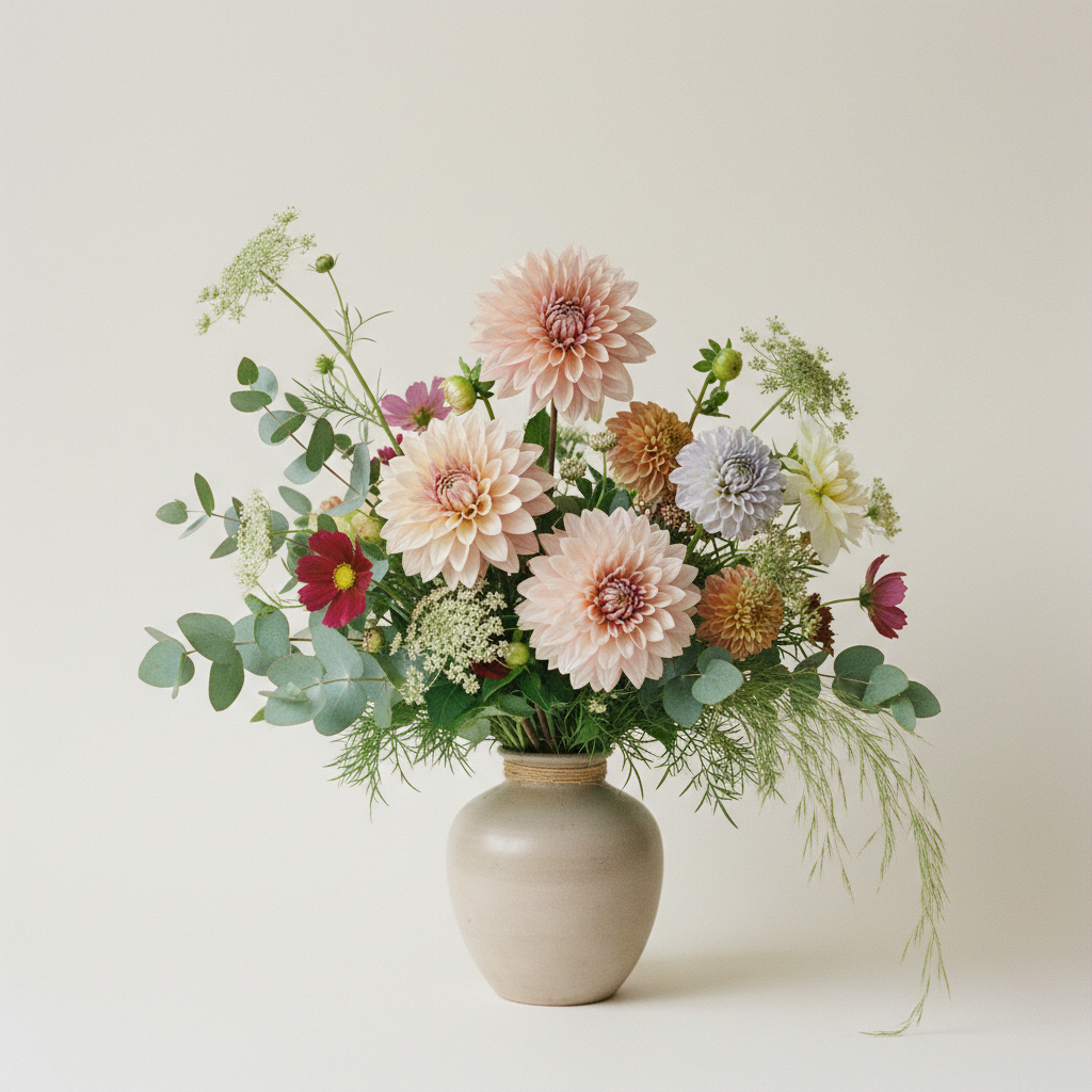 En bukett på 10 blommor med Dahlia 'Cafe au Lait', Dahlia 'Blue Bell', Dahlia 'Mango Madness'.