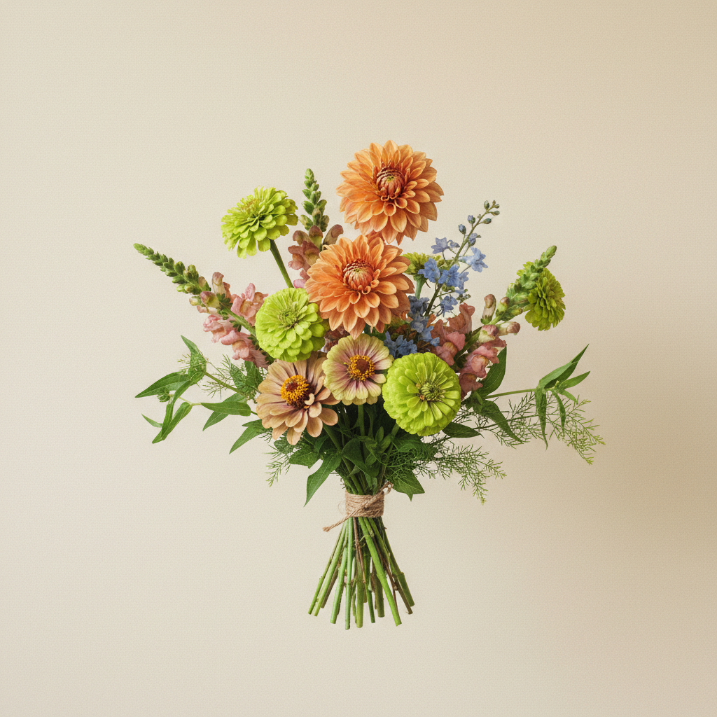 Bukett med dahlia, zinnia, lejongap i blandad palett – handbunden svensk sommarbukett