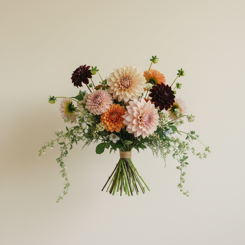 Bukett med dahlia – handbunden svensk sommarbukett