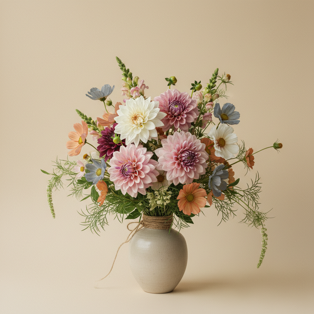 Bukett med dahlia, lejongap, cosmos i pastellpalett – handbunden svensk sommarbukett