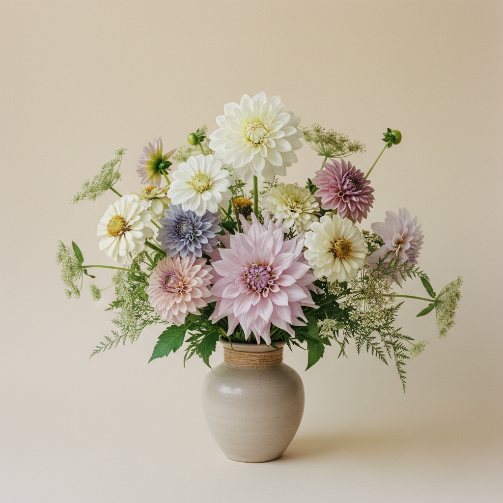 En bukett på 8 blommor i Pastell — dammig rosa, persika, lavendel med Dahlia 'Eveline', Dahlia 'Blue Bell', Dahlia 'Boom Boom White'.