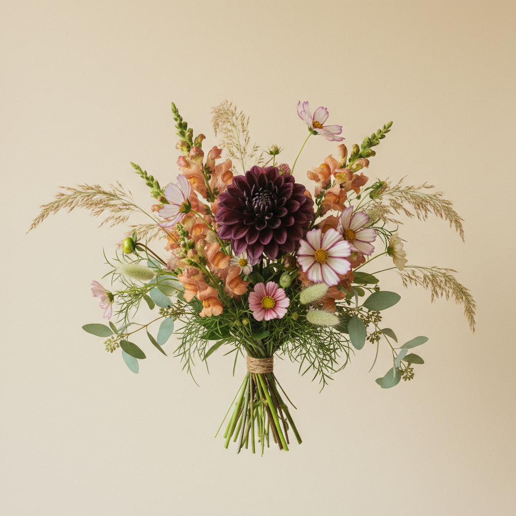 Bukett med dahlia, lejongap, cosmos – handbunden svensk sommarbukett