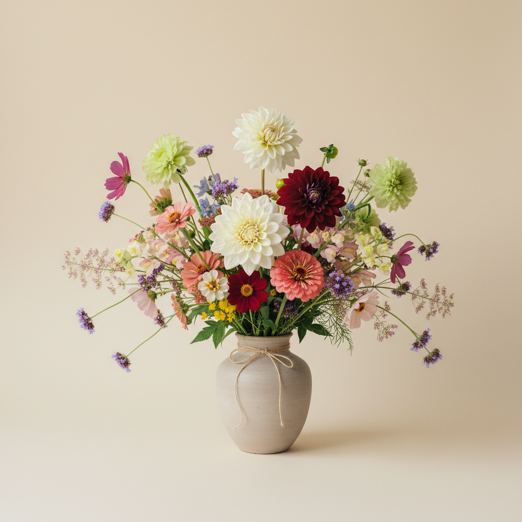 Bukett med dahlia, solros, zinnia – handbunden svensk sommarbukett