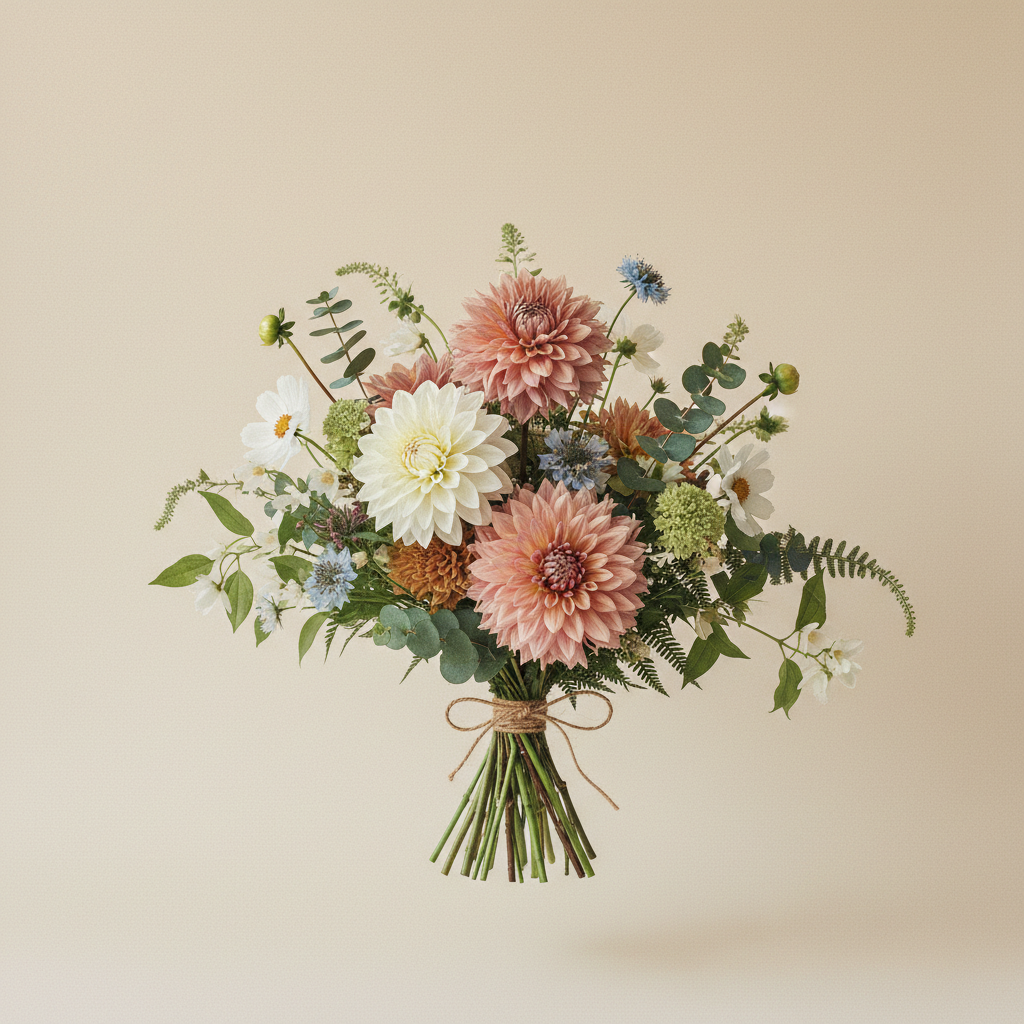 Bukett med dahlia – handbunden svensk sommarbukett