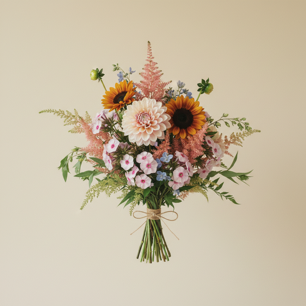 En bukett på 4 blommor med Dahlia 'Strawberry Cream', Höstflox 'Sherbet Blend', Solros 'ProCut Plum F1' (frö).
