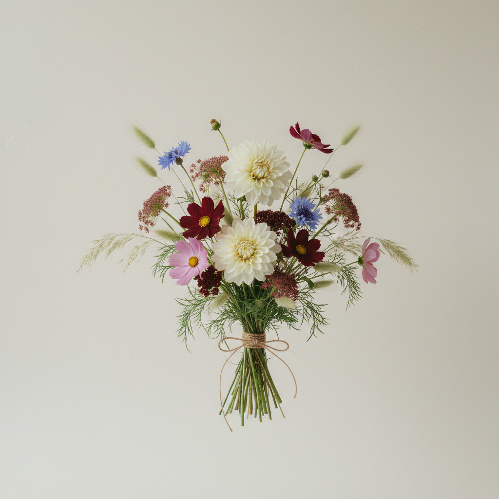 Bukett med dahlia, cosmos, kornblomma i vit & gräddvit palett – handbunden svensk sommarbukett