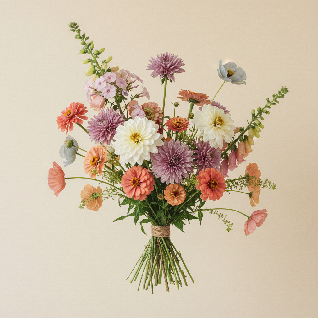 En bukett på 10 blommor med Höstflox 'Sherbet Blend', Zinnia 'Benary's Giant White' (frö), Dahlia 'Creme de Cassis'.