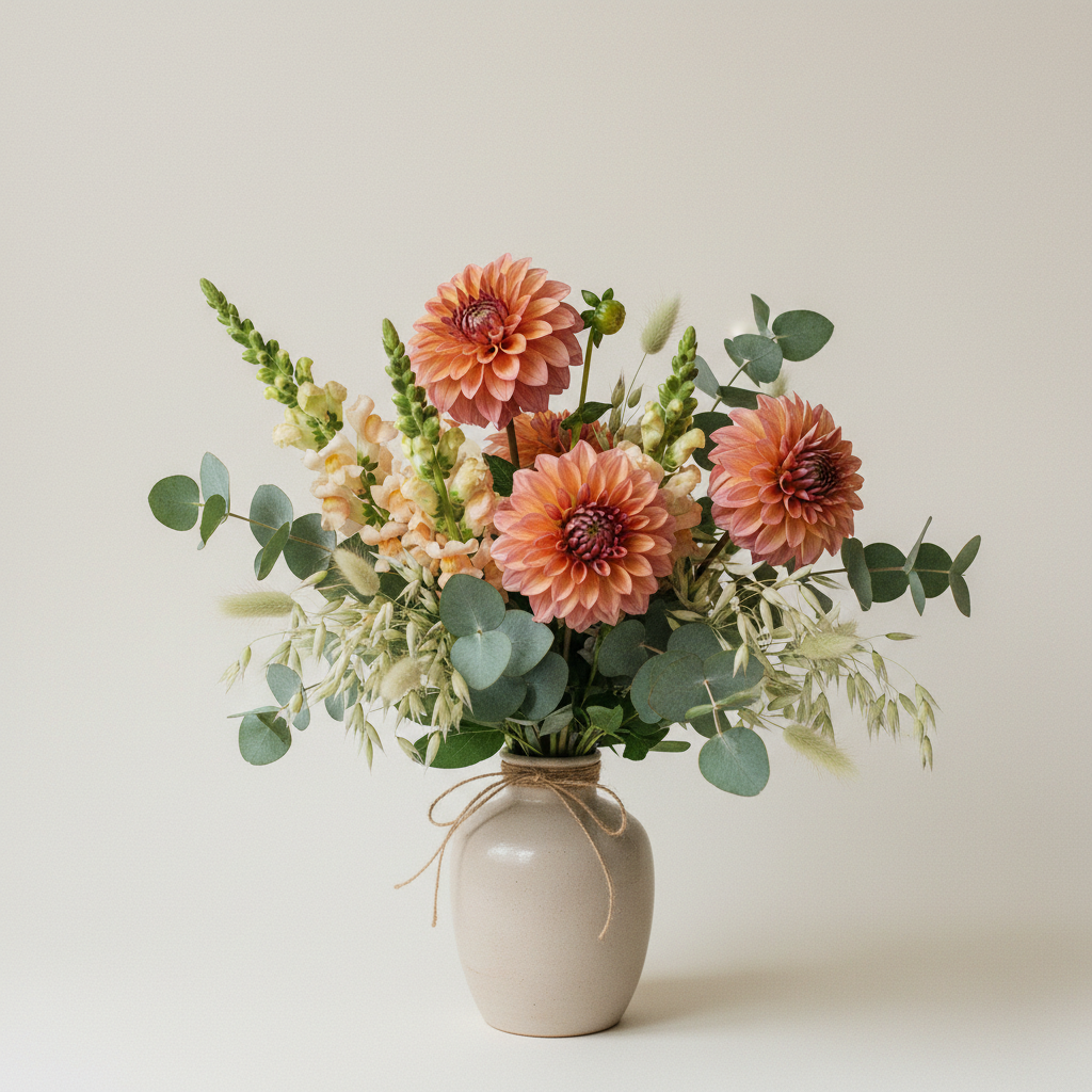 Bukett med dahlia, lejongap, eucalyptus – handbunden svensk sommarbukett