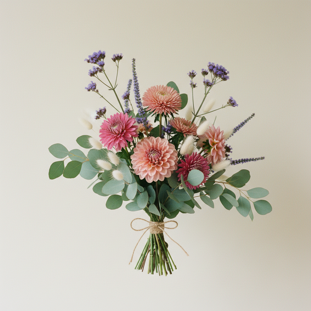 Bukett med dahlia, aster, harsvans i pastellpalett för vardag – handbunden svensk sommarbukett
