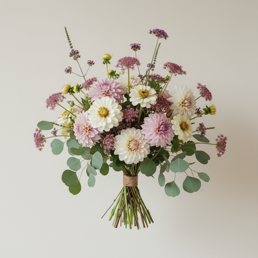 En bukett på 10 blommor i Pastell — dammig rosa, persika, lavendel för Bröllop & fest med Dahlia 'Boom Boom White', Dahlia 'Petra's Wedding', Dahlia 'Lavender Perfection'.
