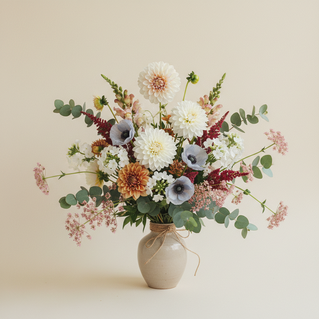 Bukett med dahlia, löjtnantshjärta, höstflox – handbunden svensk sommarbukett
