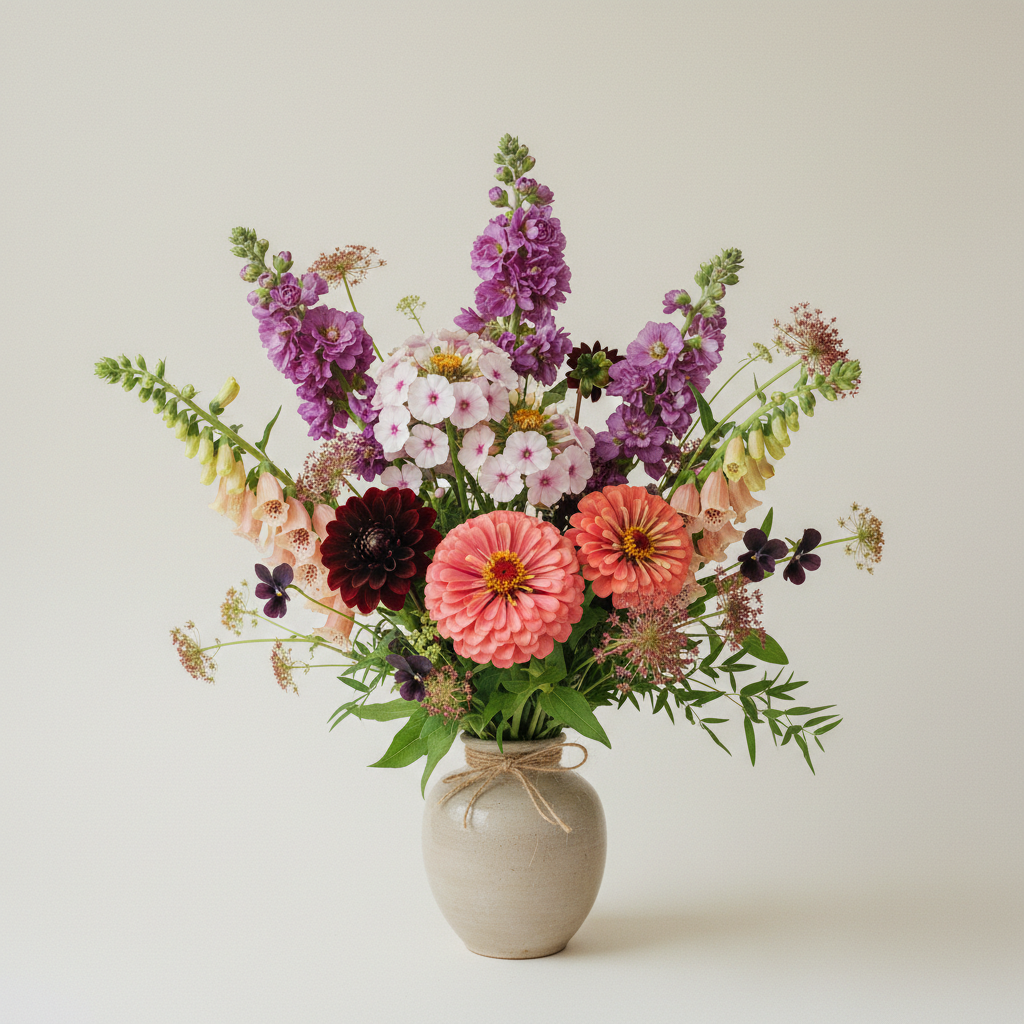 Bukett med dahlia, stockros, höstflox – handbunden svensk sommarbukett