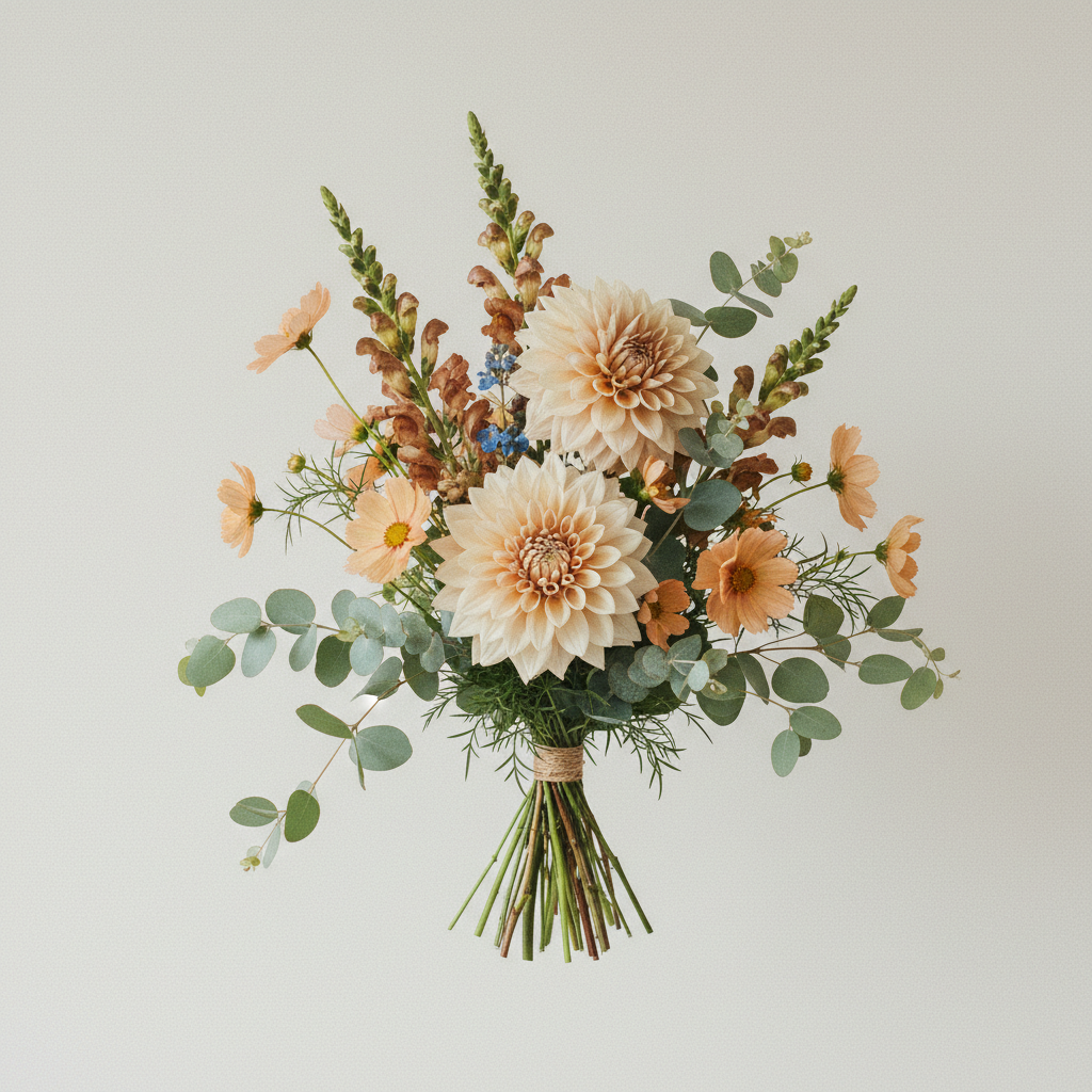 Bukett med dahlia, cosmos, lejongap – handbunden svensk sommarbukett
